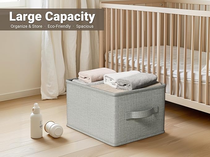 3 Pack Fabric Storage Bins for Shelves | 14.75x10.25x8.25 in Storage Baskets | Fabric Closet Organizers with Handles Home Organization | Linen Clothes Storage Bins | Light Gray