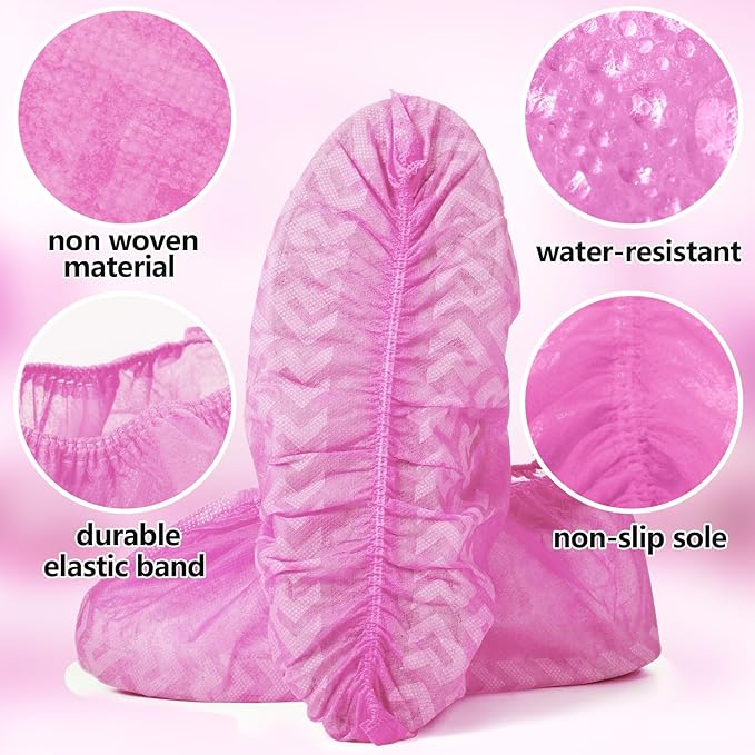 Zhanmai 300 Pack Disposable Shoe Covers Non Slip Disposable Large Foot Booties Shoe Covers for Indoors Contractors Floor and Carpet Protectors, One Size Fits Most(Pink)