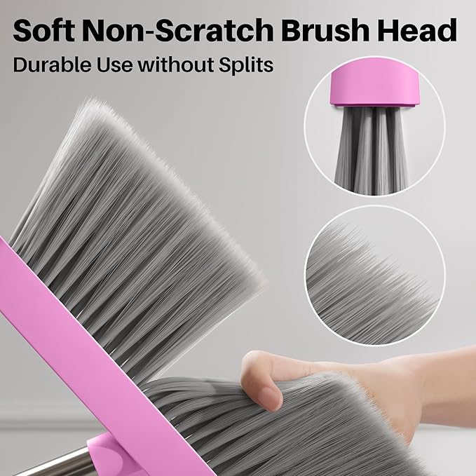 JOYMOOP Pink Broom and Dustpan Set, Upright Angle with Built-in Comb Teeth for Kitchen, Lobby, Pet Hair and Hard Floors