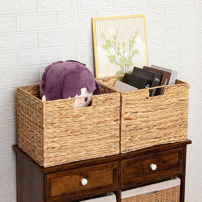 Storage Baskets，Wicker Baskets,Hyacinth Basket For Shelf,Folding 2 Packs Handmade Woven, Seagrass Baskets,Shelf Baskets For Storage Toys Books And Clothes and Other What You Want