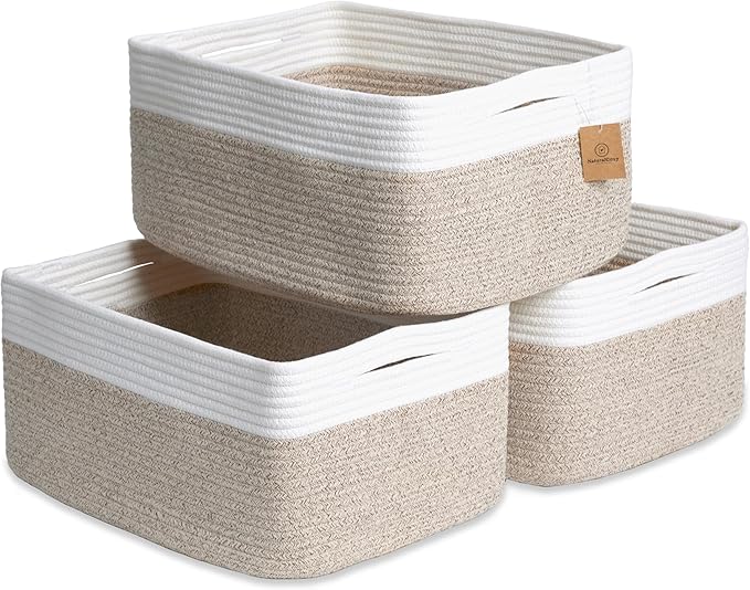 NaturalCozy Storage Baskets 16.8”x13”x7.6” Cotton Rope Woven Baskets for Organizing 3-Pack | Toy Storage Bins | Basket for Shelves, Laundry, Blanket, Clothes, Closet, Kitchen, Bathroom, Gifts