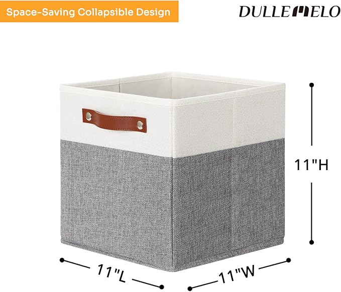 DULLEMELO 11x11 Storage Cubes, Collapsible Sturdy Cube Storage Bins With Handles for Organizing,Fabric Storage Cubes Baskets for Shelves Nursery Closet Home Organization and Storage (White&Grey)