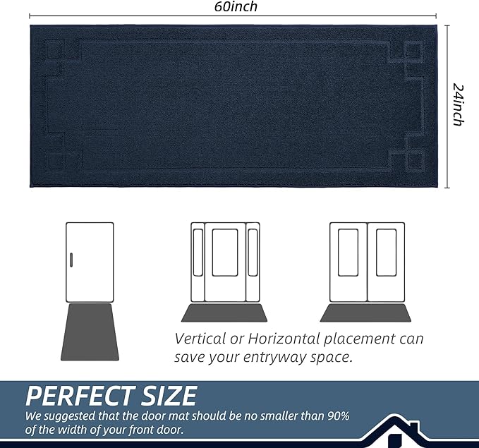 BEQHAUSE Door Mat 24" x 60", Non-Slip Door Mats Indoor Entryway Rugs Washable Low-Profile Absorbent and Stain Resist Floor Mats, Dog Door Mat for Front Back Door, Muddy Wet Shoes & Paws, Navy Blue
