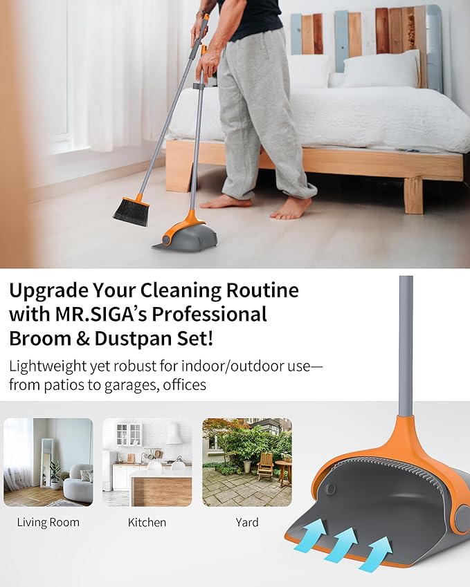 MR.SIGA Broom and Dustpan Set with Long Handle, Stand Upright Broom with Dustpan Combo for Cleaning Office, Garage, Lobby, Lightweight Sweeping Set, 51.7"(131 cm) Long Handle, Gray & Orange