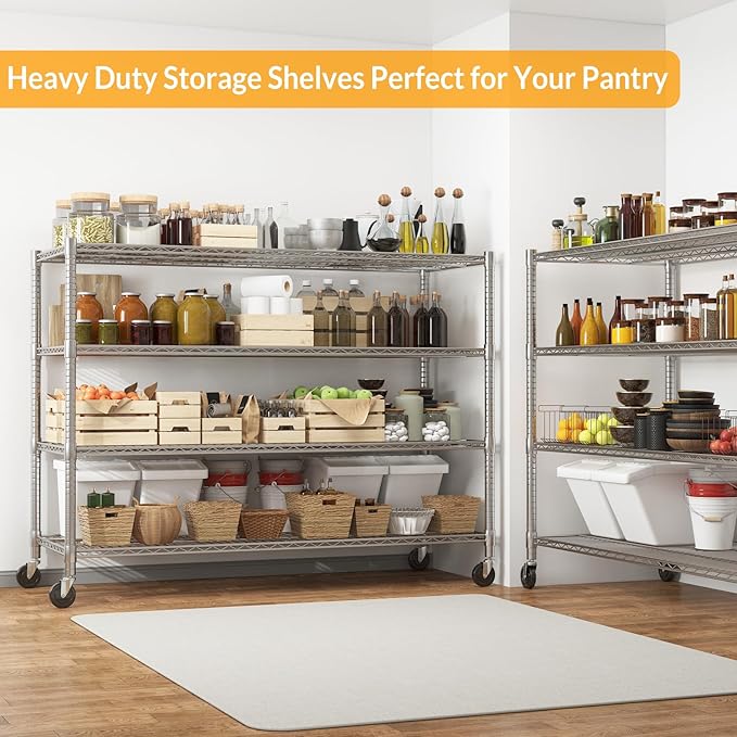 Himimi Storage Shelves with Wheels, 4-Tier Heavy Duty Steel Wire Rack Storage Shelving, Adjustable Metal Storage Shelves for Garage Kitchen Pantry Bathroom Laundry 18" D*60" W*72" H, Silver