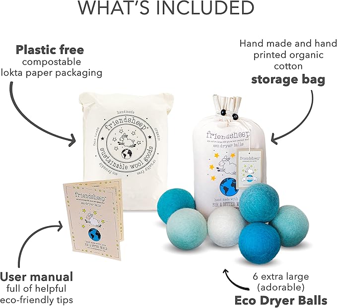 Friendsheep Wool Dryer Balls, Organic Reusable Fabric Softener Alternative for Laundry, Handmade, Fair Trade, Hypoallergenic, Eco-Friendly, Plastic-Free (6 Pack XL - Blue Ocean)