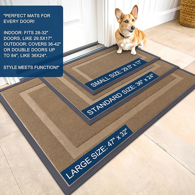 OLANLY Front Door Mat Indoor Outdoor Entrance, Waterproof All-Season, All-Weather Doormat, Sturdy Natural Rubber, Fade Resistant, Low Profile, Easy Clean Patio Porch Entryway Mat, 47x17, Light Brown