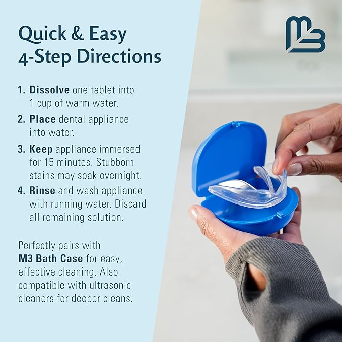 Retainer Cleanser Tablets Invisalign Cleaner, Removes Odors Discoloration Stains and Plaque 4 Month Supply Denture Cleansers Retainers Mouth Guards Denture Bath Mint by M3 Naturals