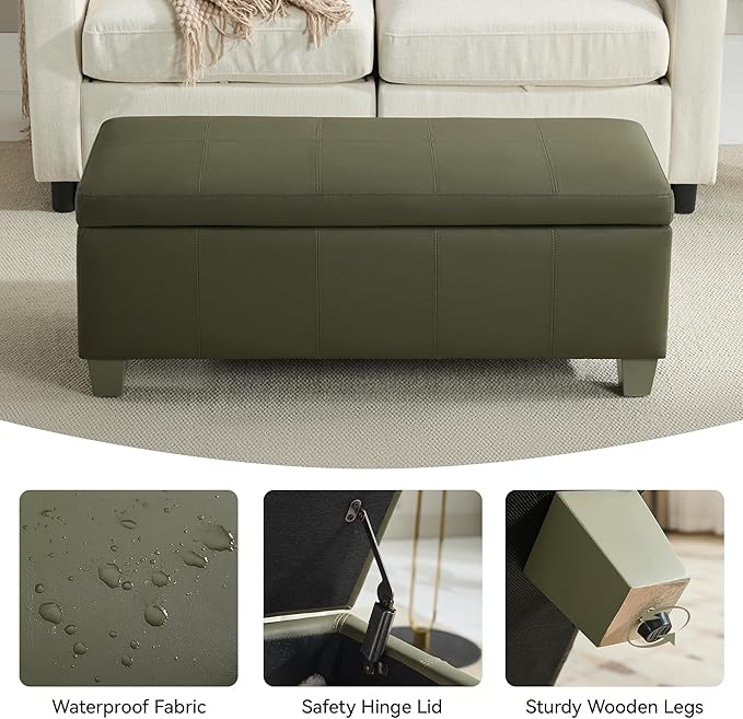 41" Faux Leather Storage Ottoman, Stitch Tufted Rectangle Upholstered End of Bed Storage Bench, Entryway Large Couch Ottoman with Wooden Legs,Green