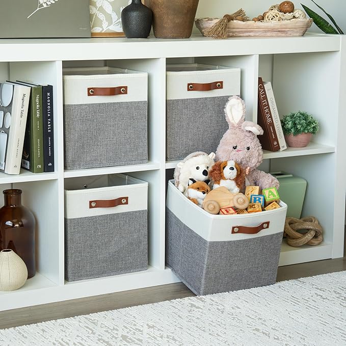 OrganiHaus 11x11 Fabric Cubes Storage Bins Set of 4, Foldable Collapsible Fabric Storage Bins for Organizer, Cubbies Organizer for Kallax, Linen Cube Shelf Baskets, Toy Organizing boxes - Grey/White