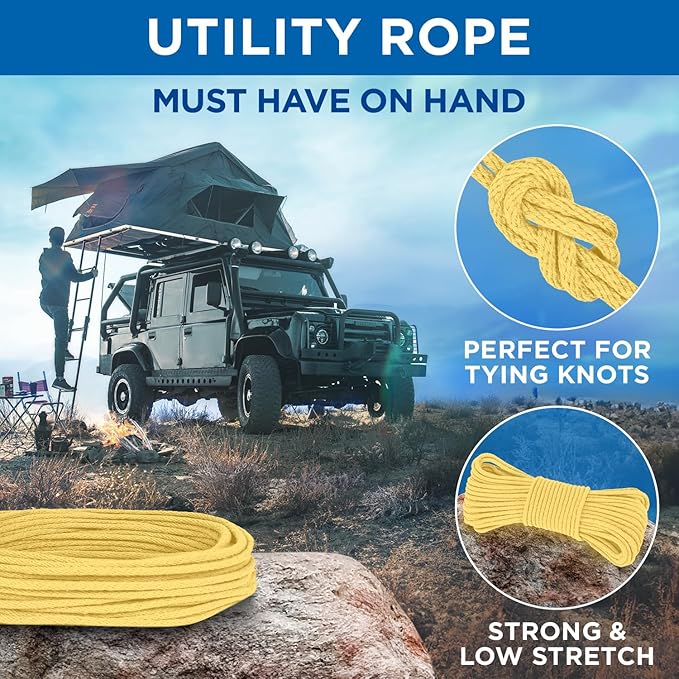 TECEUM Cotton Rope 3/16” (5 mm) – 50 FT – Strong All-Purpose Braided Rope – Natural Cotton – for Crafting, Сamping, Clothes Line, DIY, Indoor & Outdoor Use – Pastel Yellow