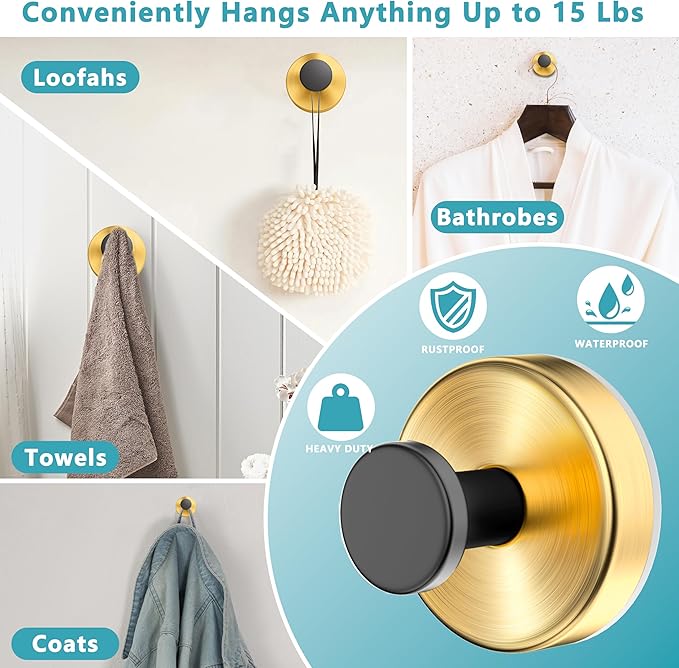 Suction Cup Hooks for Shower,Wreath Hanger for Front Door,Removable No Drill Towel Loofah Hooks,Upgraded 15 lbs Strong Suction for Bathroom,Wall,Glass,Stainless Waterproof- Black Gold 2 Pcs