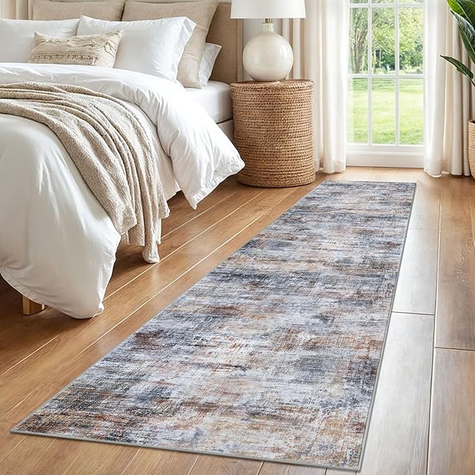 IOHOUZE Abstract Runner Rug 2x8 Ft Washable Runners for Hallways, Non Slip Kitchen Runner Soft Printed Faux Wool Entryway Runner Indoor, Modern Abstract Floor Carpet for Hall Bedroom, Orange Grey