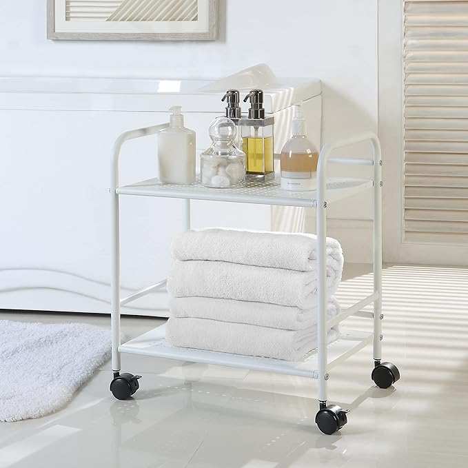 SunnyPoint 2-Tier Metal Rolling Utility Cart – Mobile Storage Shelf with Caster Wheels – Small Space Organizer for Home, Office, Bedroom, Kitchen (WHT)