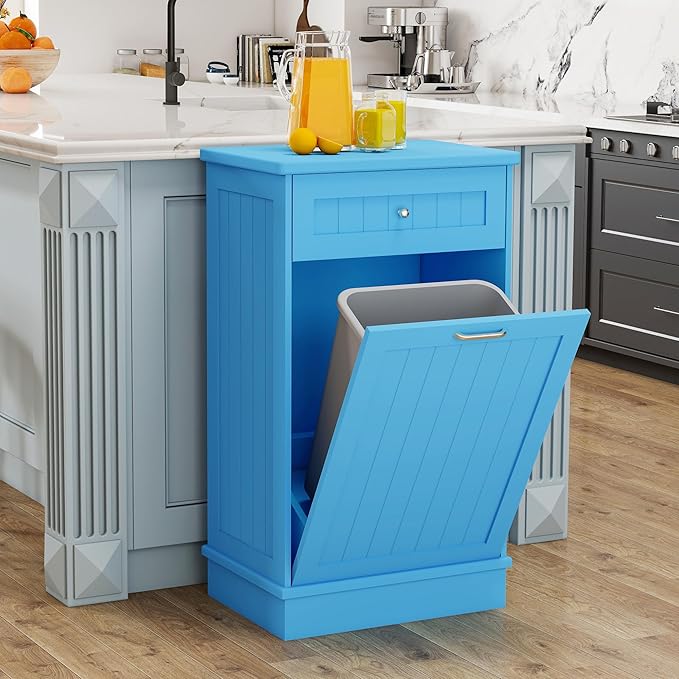 Betterhood Tilt Out Trash Cabinet 10 Gallon Wooden Free Standing Laundry Sorter Cabinet,Recycling Cabinet with Hideaway Drawer,Tilt Out Trash Cabinet Can Bin Kitchen (Single Light Blue, Single Dooor)