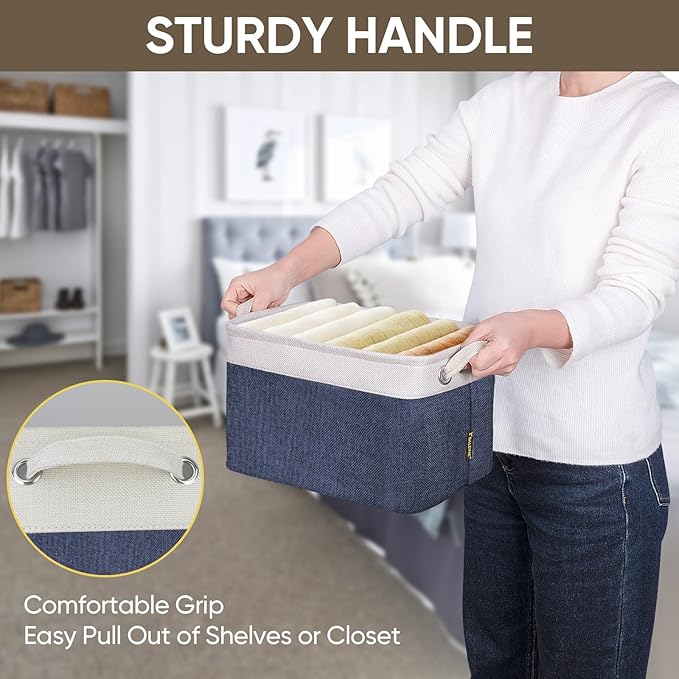 BALEINE 3 Pack Fabric Storage Bins for Shelves, Linen Storage Baskets for Organizing, Decorative Closet Bins for Clothes, Home (Navy Blue, 12"x8"x8")