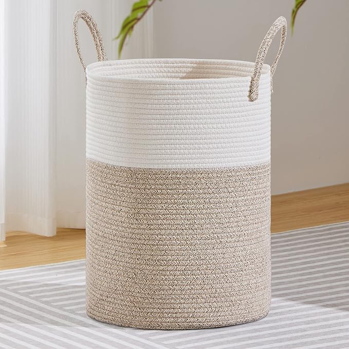 VIPOSCO Large Laundry Hamper, Tall Woven Rope Storage Basket for Blanket, Toys, Dirty Clothes in Living Room, Bathroom, Bedroom - 100L White & Brown