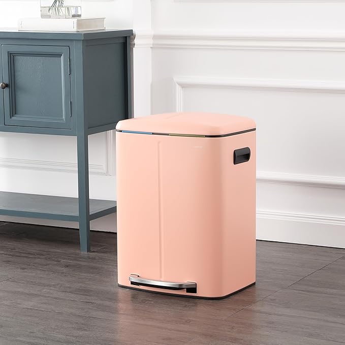 happimess HPM1005G Marco Rectangular 10.6-Gallon Double Bucket Trash Can with Soft-Close Lid, Flamingo Pink, Fingerprint Resistant, Modern, Minimalistic for Home, Kitchen, Office, Bedroom, Bathroom