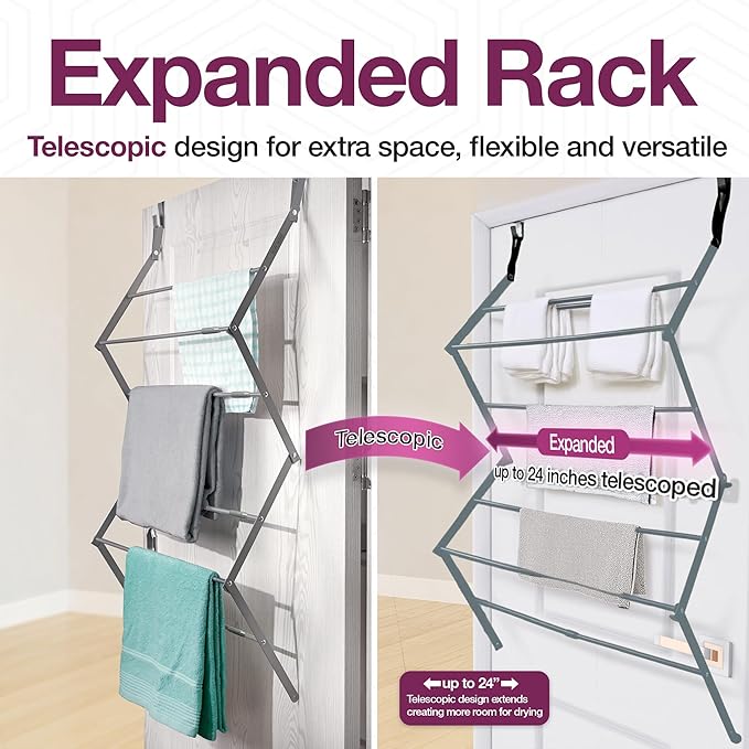 BLACK+DECKER Over The Door Expandable Telescopic Drying Rack, Clothes Organizer, Towel Hanger, Laundry, Collapsible, Gray