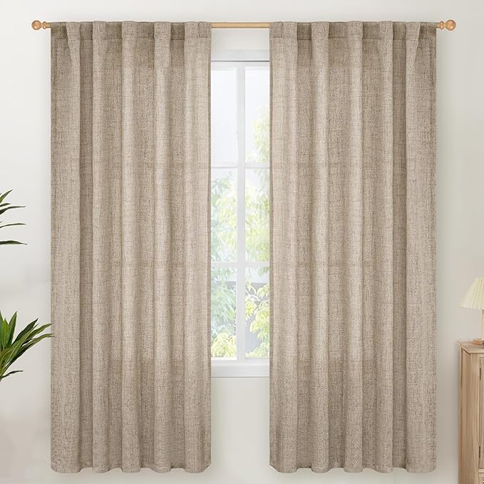 YoungsTex Dark Oatmeal Linen Curtains 72 Inches Long for Living Room, Semi Sheer Window Drapes Light Filtering with Back Tab Rod Pocket for Bedroom Office Dining Room, 2 Panels, 42 X 72 Inch