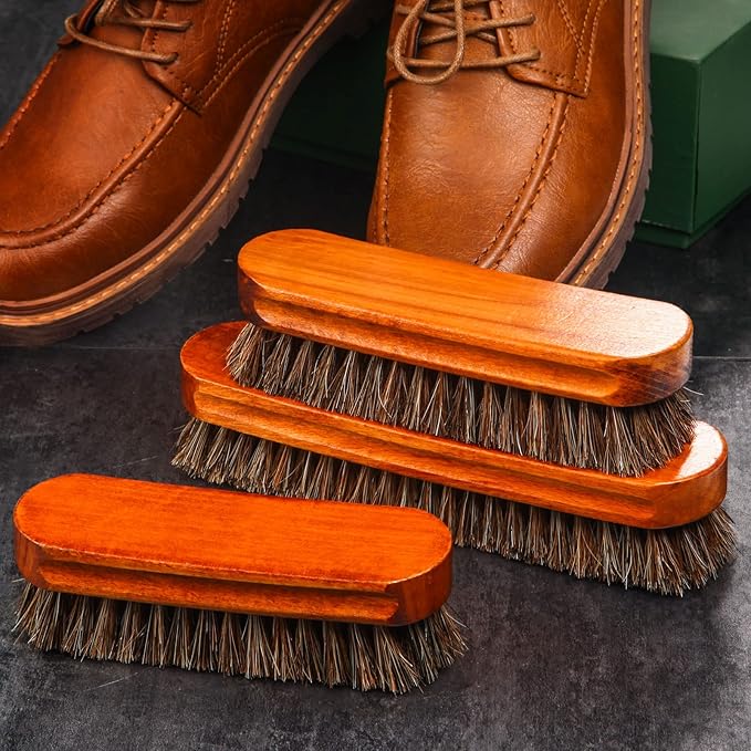 4 Pcs Horsehair Shine Shoes Brush Kit Polish Dauber Applicators Cleaning Leather Shoes Boots Care Brushes Suede Cleaner Brush with Microfiber Shoe Gloves(3 Pcs Shine Brush)