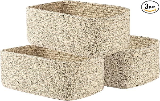 Small Woven Basket, 13.5 x 9.5 x 5 Inches, Storage Basket for Organizing, Cute Small Rope Shelf Closet Cube Storage Bins Baskets for Shelves, Dog Toy Gift Baskets Empty, 3 Packs, Mixed Brown