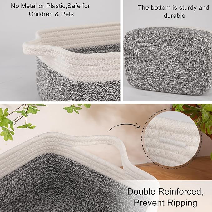 OIAHOMY 3 Pack Storage Baskets for Organizing, Woven Cotton Rope Basket for Shelves, Closet Organizer Bins with Handles, Rectangle Toy Organization, 13.78''×9.84''×5.5'', Grey & White
