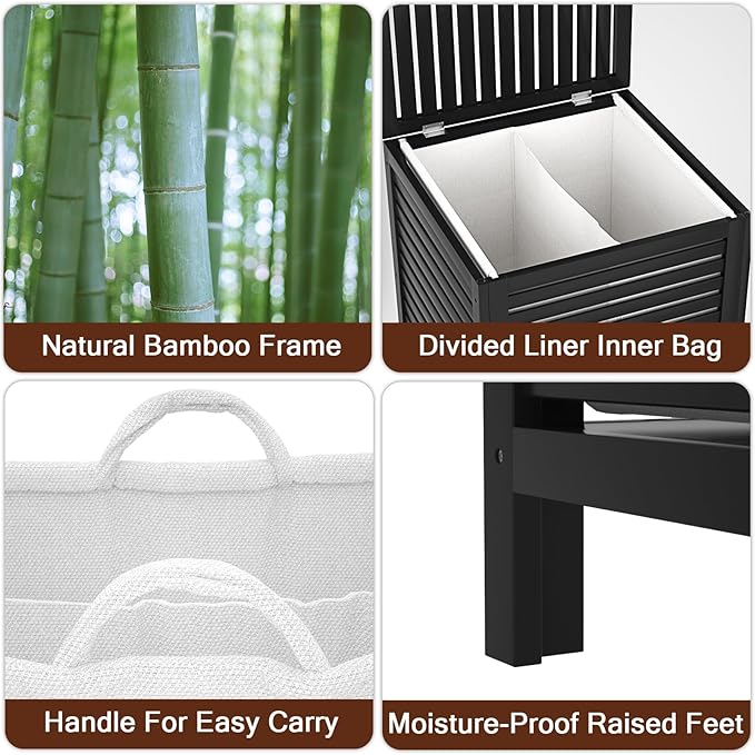 Homykic Bamboo Laundry Hamper with Lid, 120L Large Clothes Laundry Sorter with Removable 2-Section Liner Bag, Raised Laundry Basket Organizer for Clothing, Bathroom, Bedroom, Laundry Room, Black
