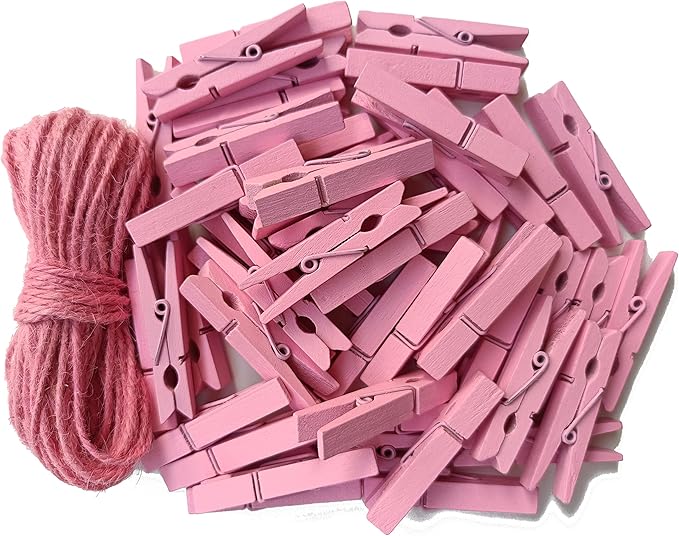 1.9" Pink Wooden Clothes Pins DIY Photo Garland Baby Shower Bag Clips Decorative Clothespins with Jute Twine Pack 50