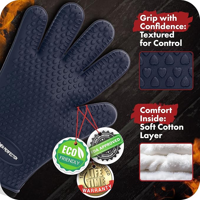 KITCHEN PERFECTION S Silicone Smoker Oven Gloves -Extreme Heat Resistant BBQ Gloves -Handle Hot Food Right on Your Grill Fryer Pit|Waterproof Oven Mitts |Superior Value Set+3 Bonuses