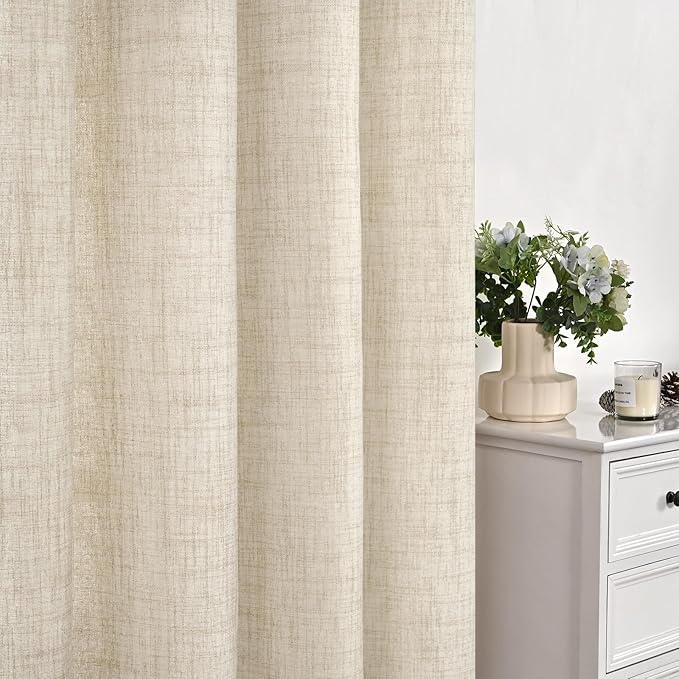 YoungsTex Linen Curtains 80 Inch Length for Living Room, Light Filtering Semi Sheer Drapes with Back Tab Rod Pocket for Bedroom Farmhouse Cream Textured Window Treatments, 2 Panels, 52 X 80 Inch