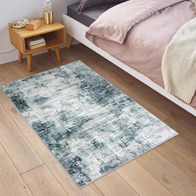 IOHOUZE Small Abstract Area Rug 2x3 Ft Entryway Rugs Washable Door Mat Indoor Entrance, Rubber Backed Throw Rugs, Printed Faux Wool Non Slip Floor Carpet for Foyer Front Door Sink, Sage Grey