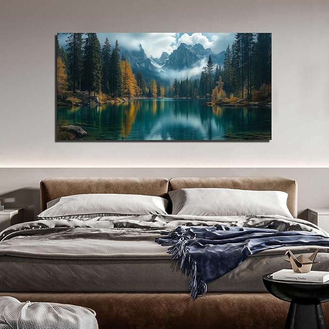 GUGIKA Landscape Wall Art for Living Room, Blue Mountain and Lake Wall-Decor for Bedroom, Modern Scenery Poster Canvas Print, Size 59 x 29 Inches