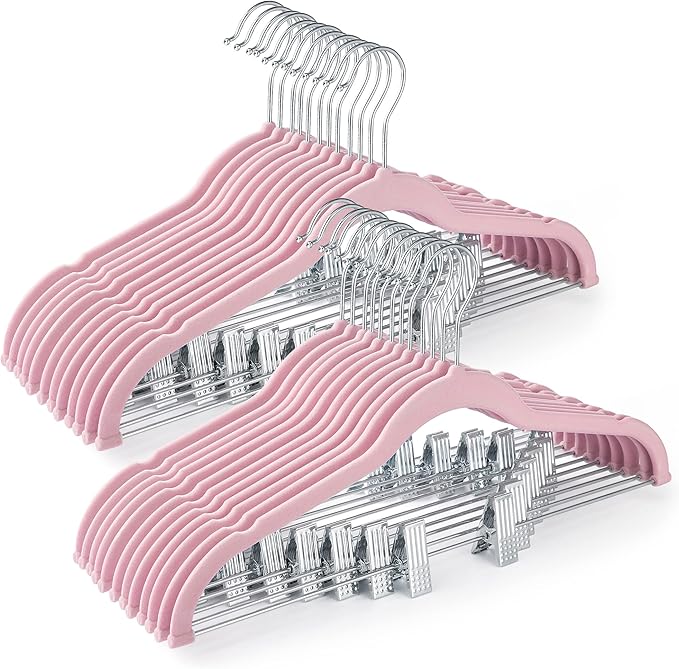 HOUSE DAY Velvet Skirt Hangers - Pink Velvet with Adjustable Clips, Space Saving, Slim, Heavy Duty and Non Slip for Pants, Skirts, Shorts - 24 Pack