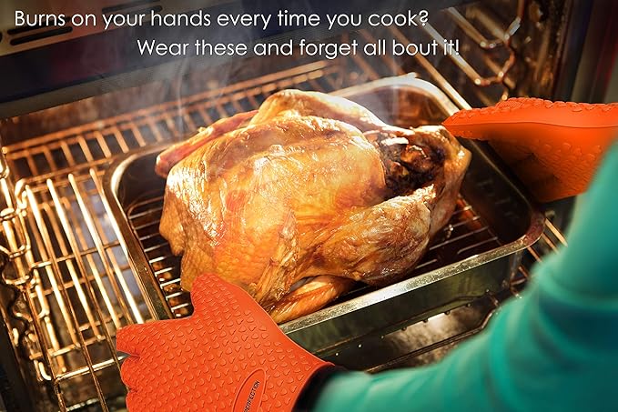 KITCHEN PERFECTION Silicone Smoker Oven Gloves -Extreme Heat Resistant BBQ Gloves -Handle Hot Food Right on Your Smoker Grill Fryer & Pit | Waterproof Oven Mitts |Superior Value Set+3 Bonuses