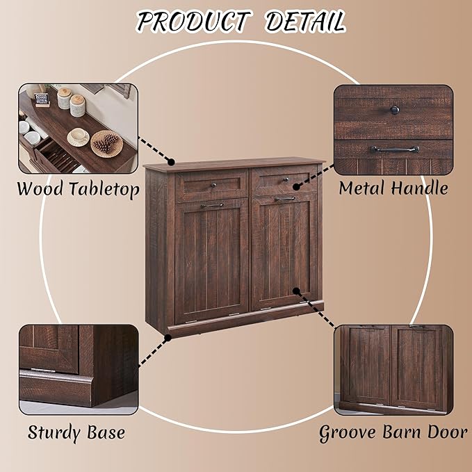 Double Tilt Out Laundry Hamper Cabinet, 20 Gallon Farmhouse Trash Can Cabinet with Drawer, Hidden Wood Garbage Can Bin Cabinet with Laundry Storage Basket for Bathroom, Kitchen, Brown