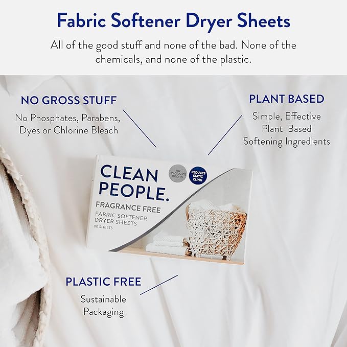 The Clean People Fabric Softener Sheets - Dryer Sheets - Softens & Removes Static Cling - Vegan Laundry Softener, Essential Oils - Fragrance Free 240 Pack