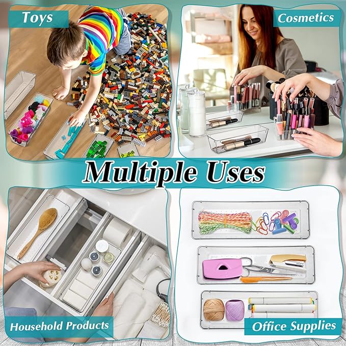 Maitys 12 Pcs Vanity Drawer Organizer 9 x 3 x 2 Inches Clear Plastic Utensil Organizers Kitchen Drawers Dividers for Office Desk Silverware Kitchen Utensils Cosmetics and Bathrooms(Clear)