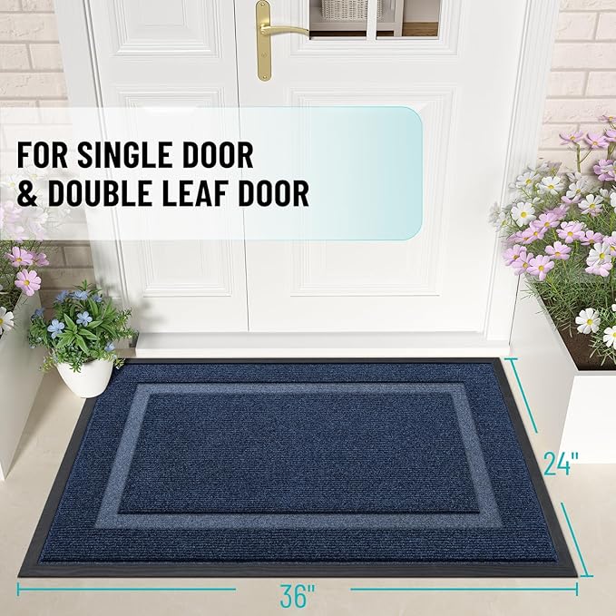 OLANLY Front Door Mat Indoor Outdoor Entrance, Waterproof All-Season, All-Weather Doormat, Sturdy Natural Rubber, Fade Resistant, Low Profile, Easy Clean Patio Porch Entryway Mat, 36x24, Blue