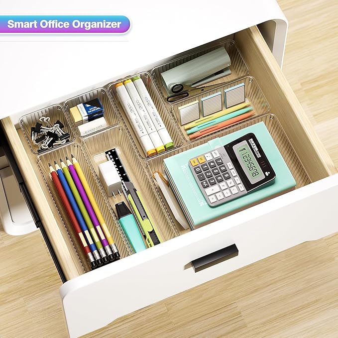 25 PCS Clear Plastic Drawer Organizer Set - 4 Sizes Makeup Organizer Desk Drawer Divider Bathroom Organizers and Storage Bins for Makeup, Jewelry, Gadgets, Office, Kitchen, Bedroom, Bathroom