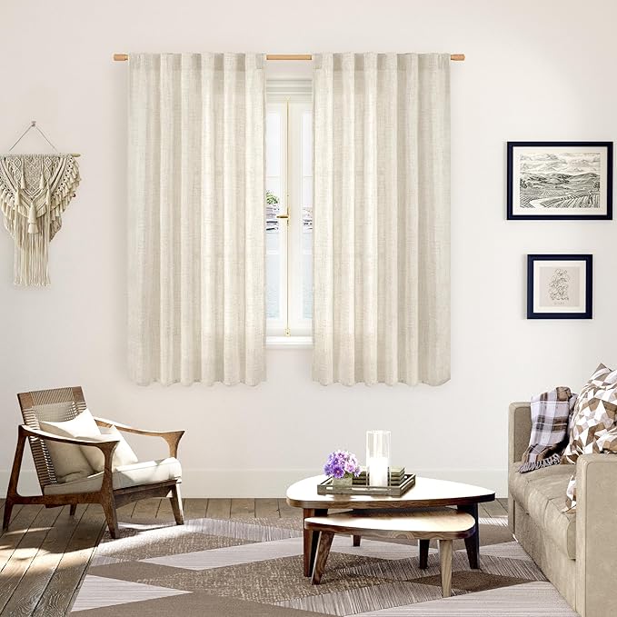 YoungsTex Boho Linen Curtains 63 Inch Length 2 Panels for Living Room - Cream Semi Sheer Window Drapes Light Filtering with Back Tab Rod Pocket Rustic for Country Bedroom, 52 X 63 Inch