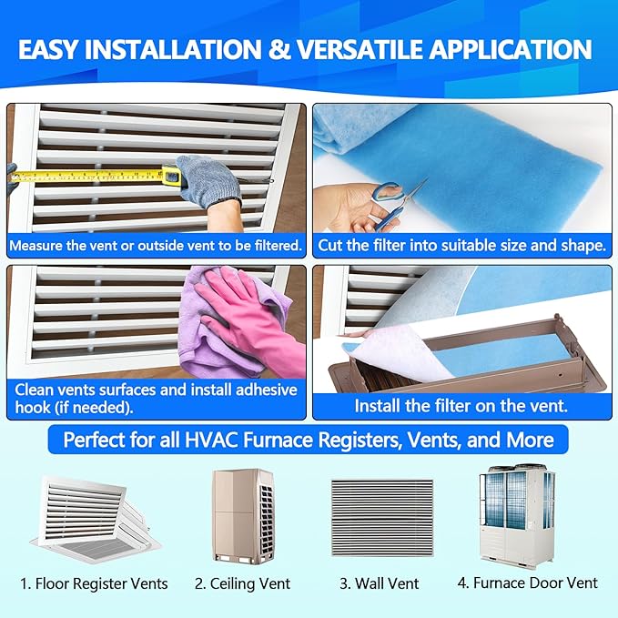 14" x140" Air Vent Filters, Cut to Fit Air Filter (65+ Filters), MERV 8 Triple Vent Filter for Home Floor, Ceiling, RV, HVAC Furnace Vents, With Adhesive Hook Tape and Installation Tape