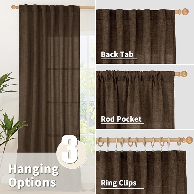 YoungsTex Brown Linen Curtains 48 Inches Long for Short Window, Light Filtering Drapes Privacy with Rod Pocket Back Tab for Bathroom Kitchen Window, 2 Panels, 42 X 48 Inch