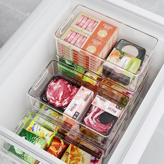 8 PACK Freezer Organizer Bins Clear Stackable Storage Bins with Side Handles for Fridge Organization and Storage Home Organization Must Haves