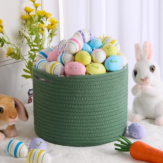 Small Basket for Organizing | Cube Shelf Closet Storage Baskets | 9.7×9.7×7.1” | Woven Rope Gift Basket | Nursery | Round 3 Packs Green