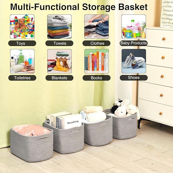 Small Storage Baskets for Shelves Organizing, Woven Cotton Rope Baskets for Storage, Book Basket, Decorative Shelf Basket, 12.5"Lx9.1''Wx7.9''H (4 Packs) Grey