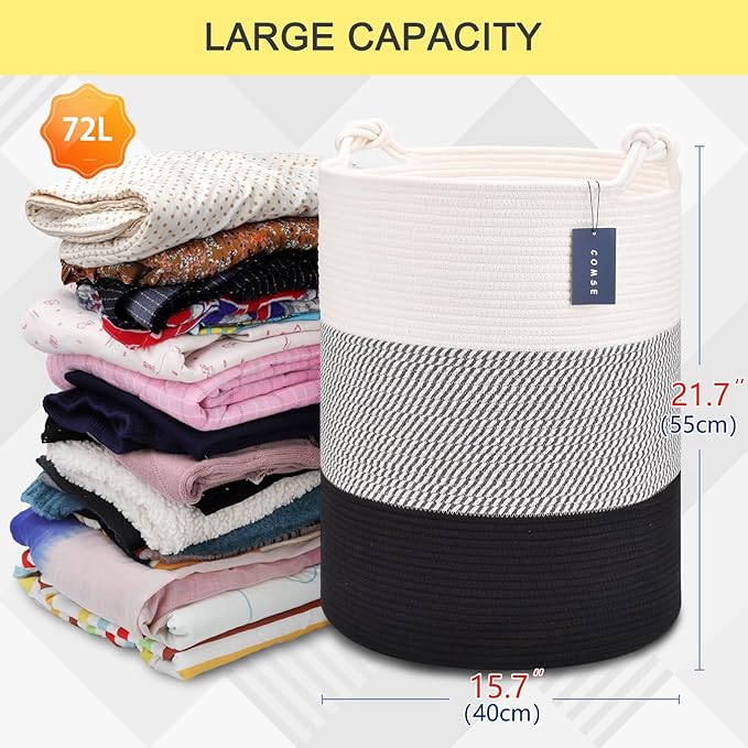 COMSE Extra Large Blanket Basket, Tall Woven Storage Basket, Nursery Hamper, 15.7”x 21.7”, Cotton Rope Laundry Hamper for Toys Clothes Towels, White/Gray/Black