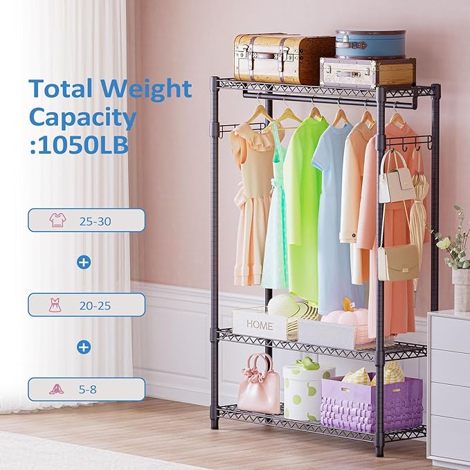 IZEUK 3 Tier Heavy Duty Garment Rack Wire Clothes Rack for Hanging Clothes, Metal Freestanding Closet Wardrobe Rack with 1 Rod and Side Hooks Dark Grey 15.7" D x 45.3" W x 72.4" H