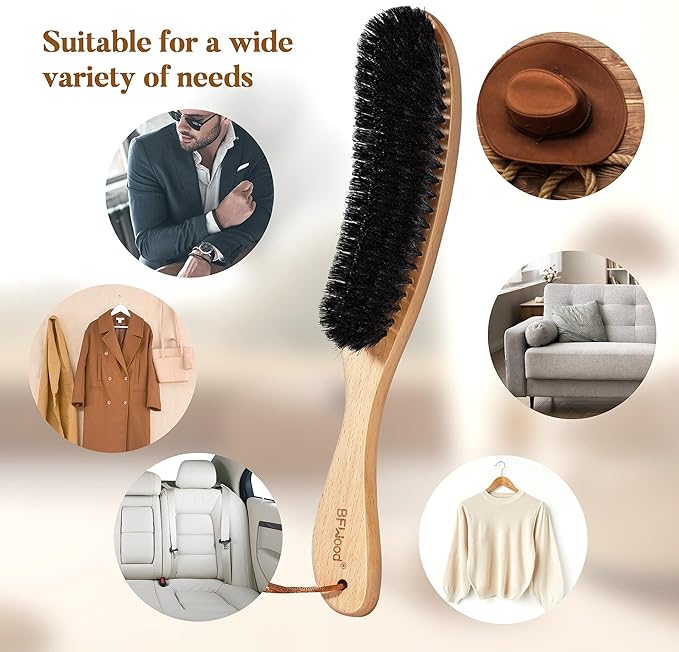 BFWood Clothes Brush - Boar Bristle Hat Brush Lint Brush for Suits, Cashmere, Wool, Velvet, Suede and Pet Hair - Large Beech Handle