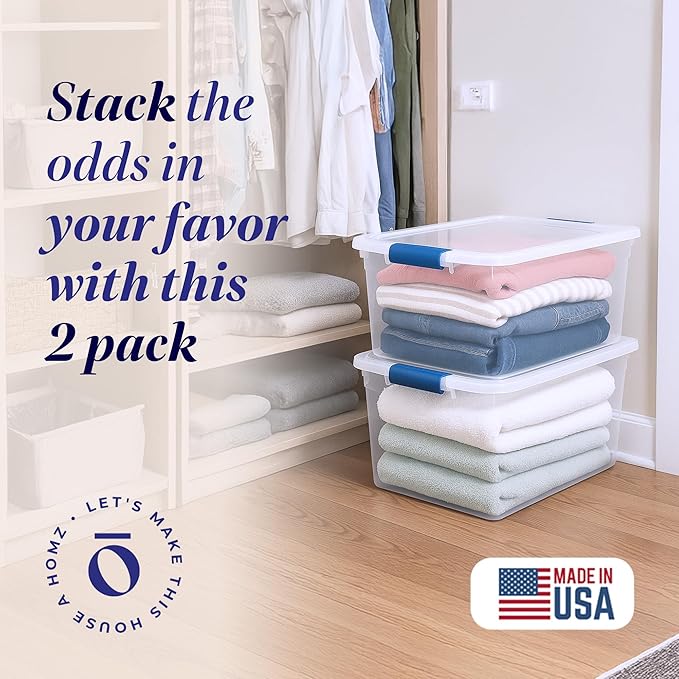HOMZ 2-Pack Latching Lid, Large Clear Plastic Storage Bins with Lids, 66 Quart, Blue Latch - Stackable Container Boxes for Home, Bathroom, and Office Organization